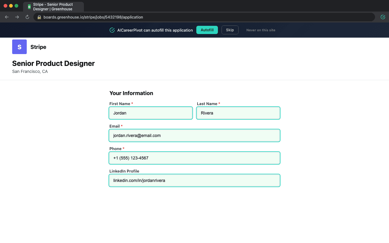 Application form autofilled by the AICareerPivot extension