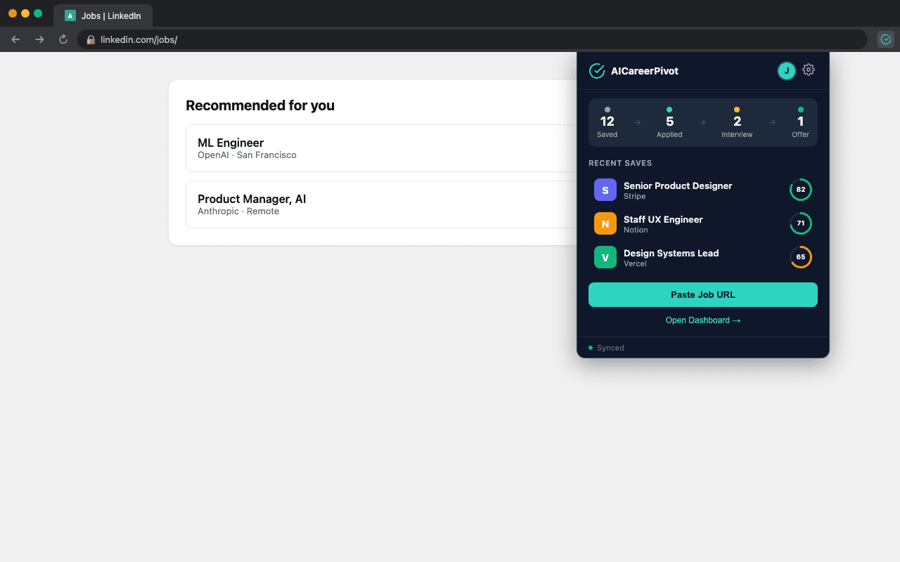 Saved jobs and scores synced into the AICareerPivot web dashboard