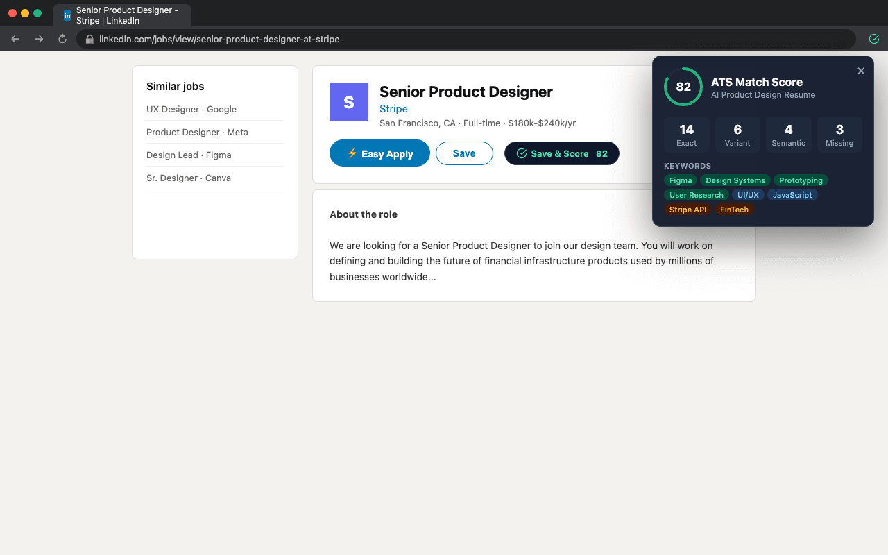 AICareerPivot extension showing Save and ATS Score buttons on a job listing