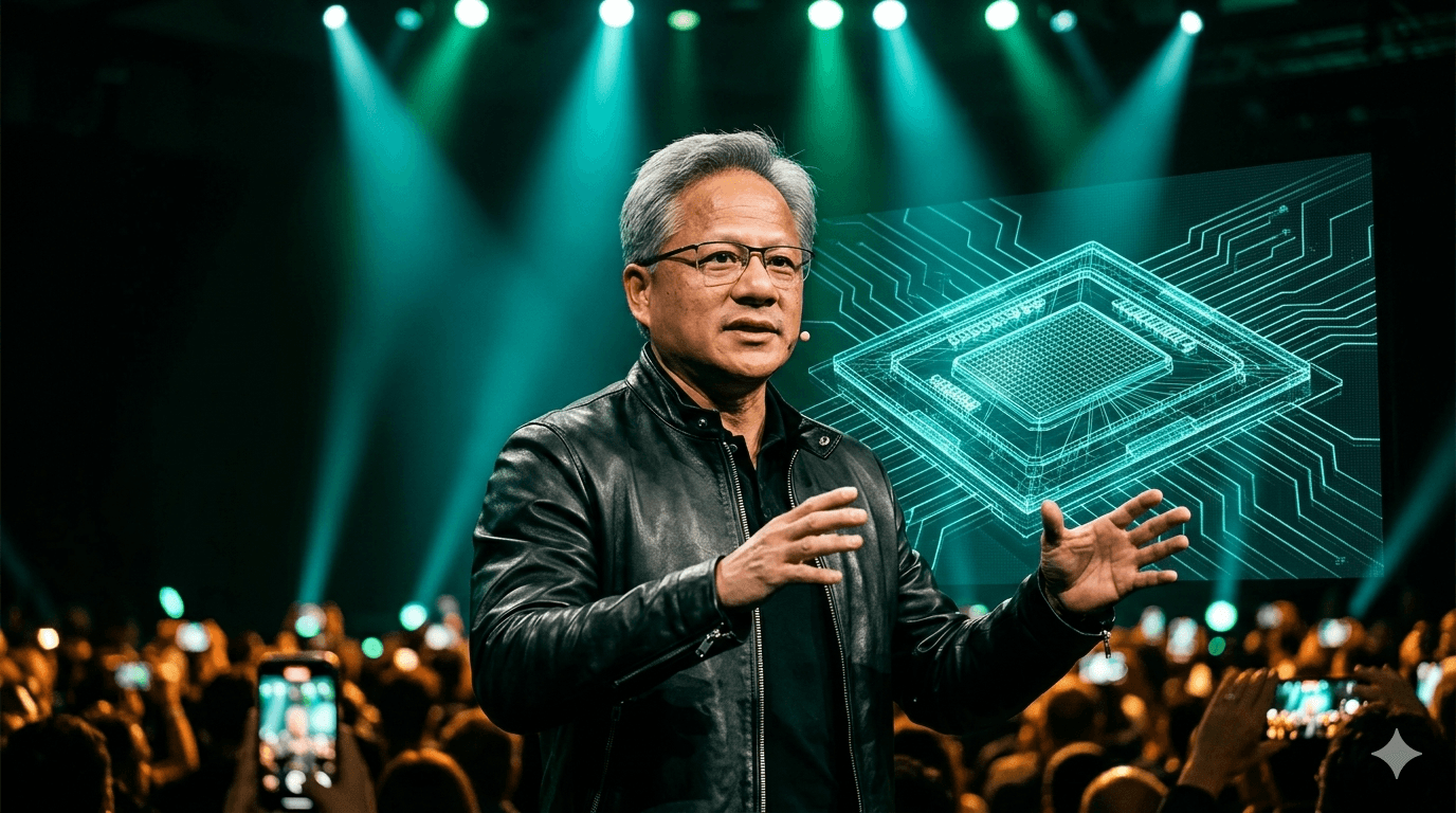 Charismatic tech executive on stage with dramatic teal lighting and holographic GPU chip diagrams