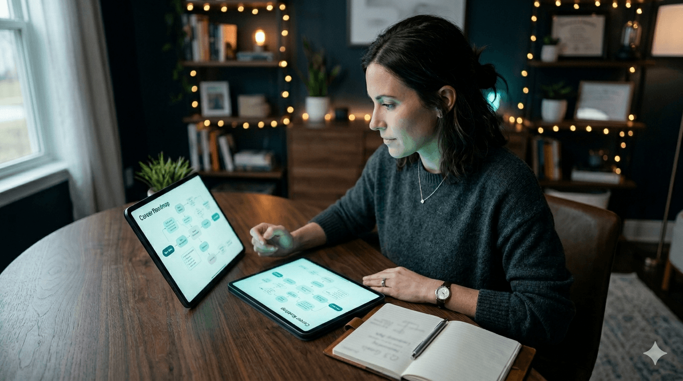 Woman reviewing her AI-generated Career Roadmap on tablet devices
